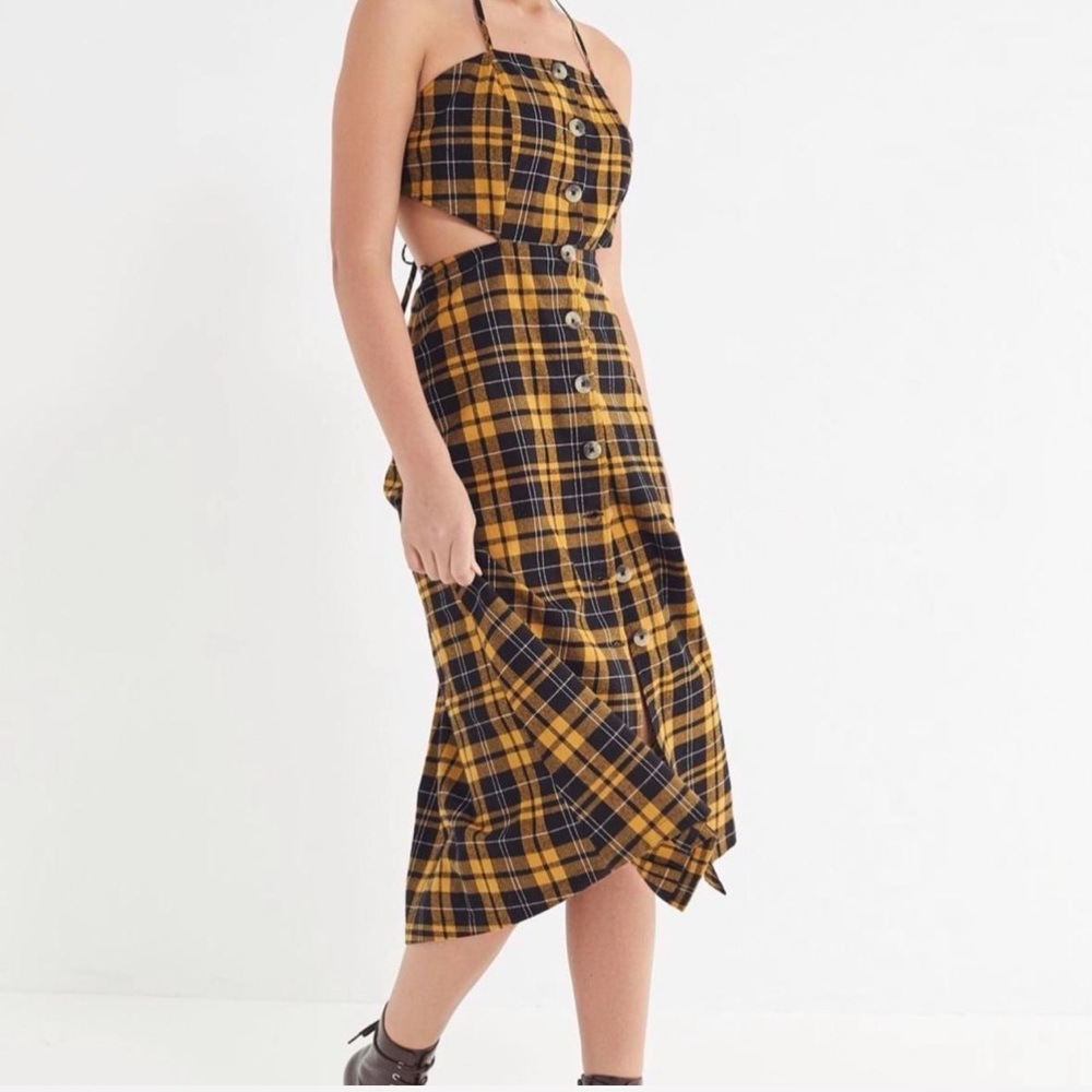 Urban Outfitters Yellow Plaid Halter Midi Dress, Size XS